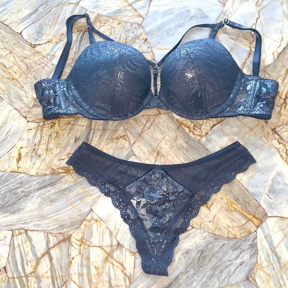2 Pc Set VS Very Sexy Bra 32C Panty Small Grey Palm Shimmer Lace